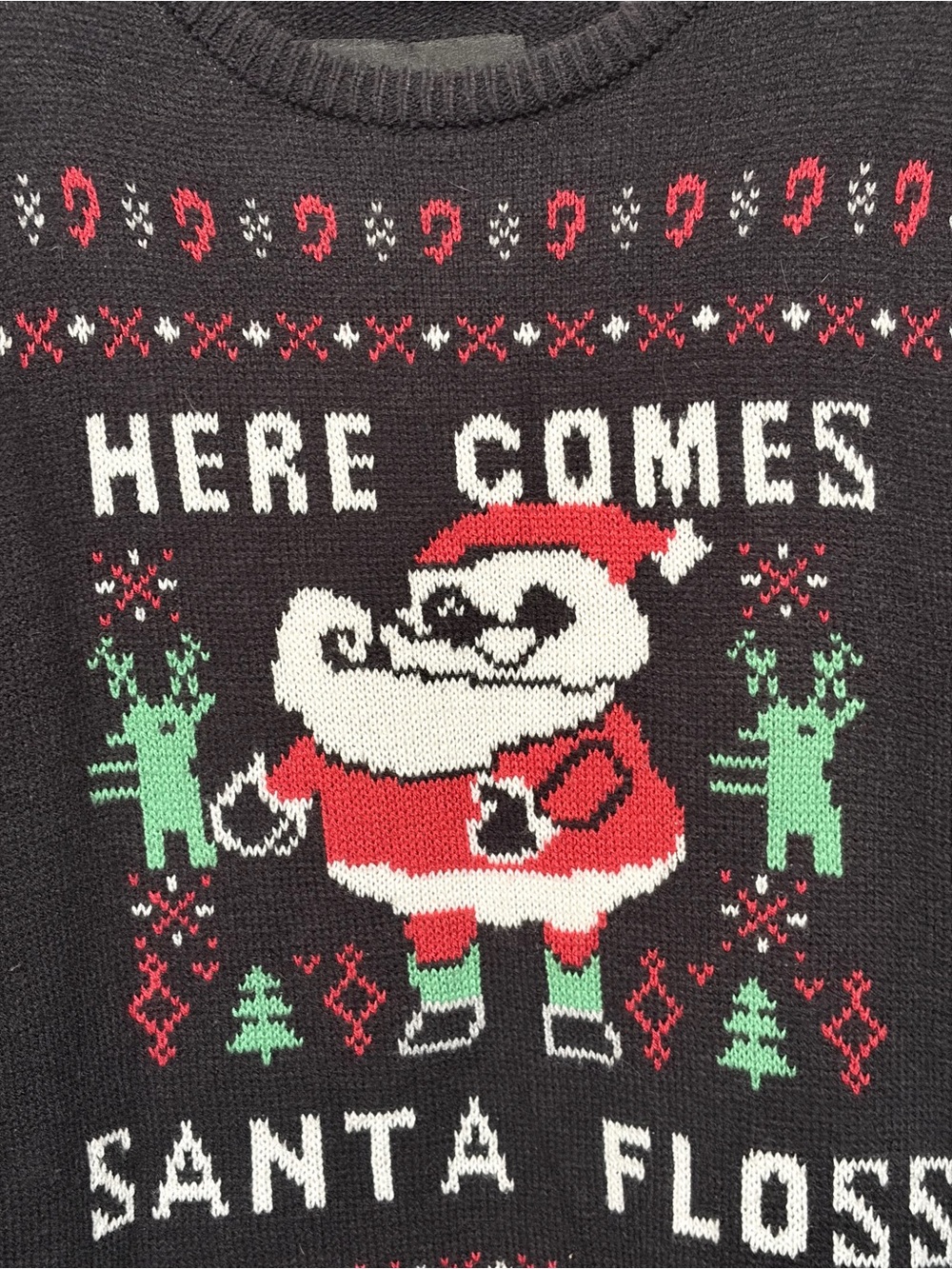 American Stitch Christmas Sweater Black/Red/Green “Here Comes Santa Floss” M